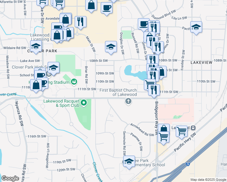 map of restaurants, bars, coffee shops, grocery stores, and more near 5609 111th Street Southwest in Lakewood