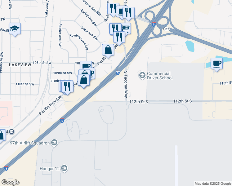map of restaurants, bars, coffee shops, grocery stores, and more near 3615 112th Street Southwest in Lakewood