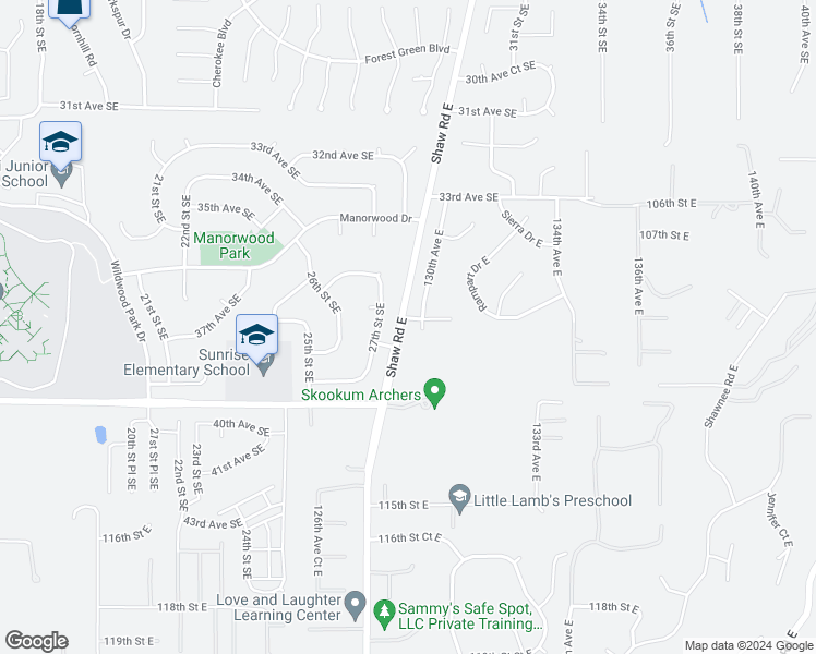 map of restaurants, bars, coffee shops, grocery stores, and more near 12910 109th Street Court East in Puyallup