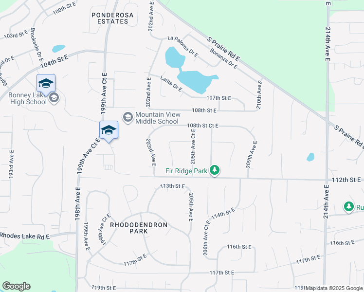 map of restaurants, bars, coffee shops, grocery stores, and more near 20414 109th Street Court East in Bonney Lake
