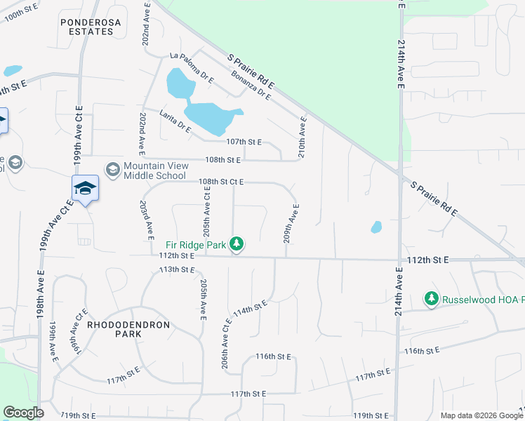 map of restaurants, bars, coffee shops, grocery stores, and more near 20725 109th Street Court East in Sumner
