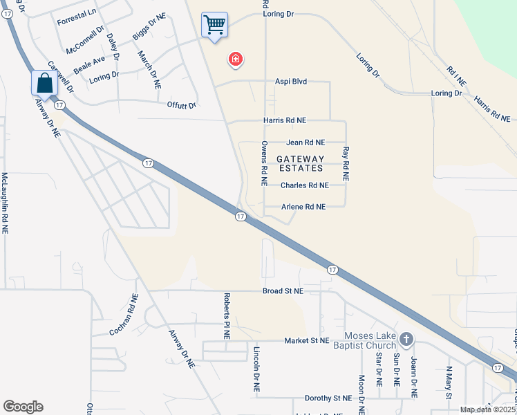 map of restaurants, bars, coffee shops, grocery stores, and more near 4730 Owens Road in Moses Lake