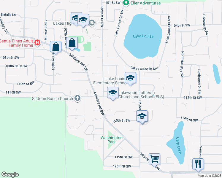 map of restaurants, bars, coffee shops, grocery stores, and more near 10202 110th Street Court Southwest in Lakewood