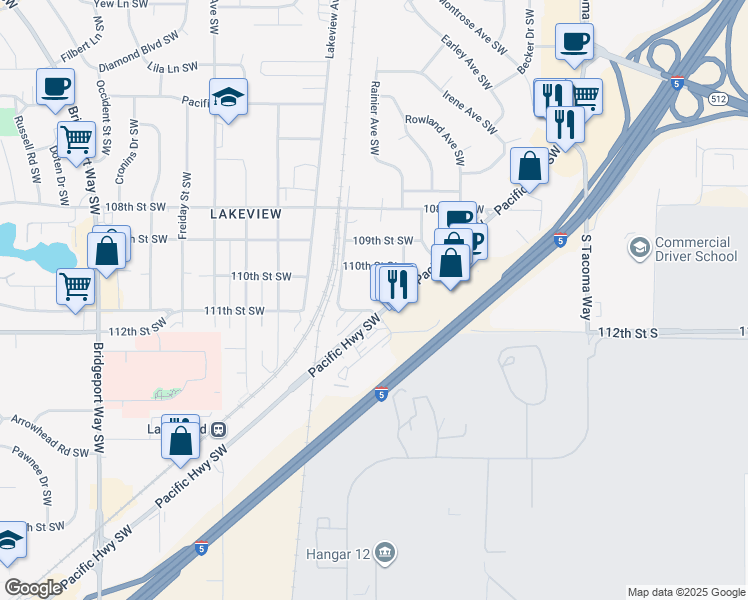 map of restaurants, bars, coffee shops, grocery stores, and more near 11030 Pacific Highway Southwest in Lakewood