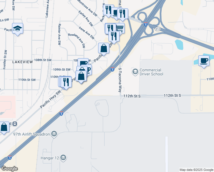 map of restaurants, bars, coffee shops, grocery stores, and more near 3615 112th Street Southwest in Lakewood