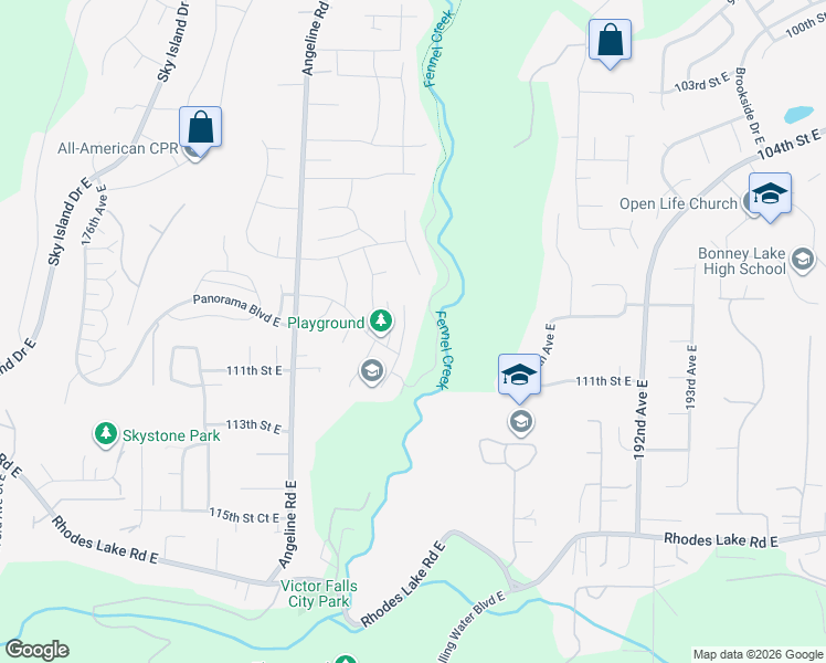 map of restaurants, bars, coffee shops, grocery stores, and more near 11020 185th Avenue East in Bonney Lake