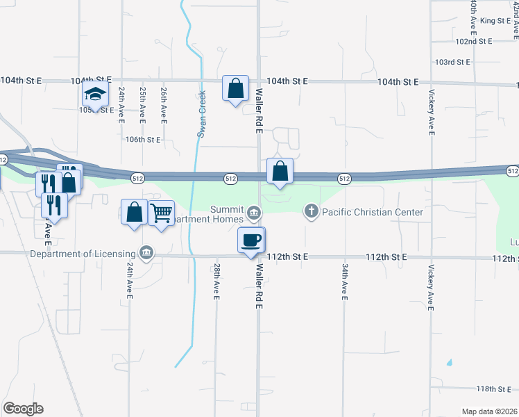 map of restaurants, bars, coffee shops, grocery stores, and more near 10942 Waller Road East in Tacoma