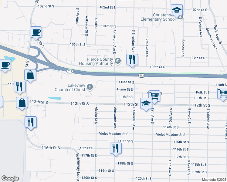 map of restaurants, bars, coffee shops, grocery stores, and more near 11052 Ainsworth Avenue South in Tacoma