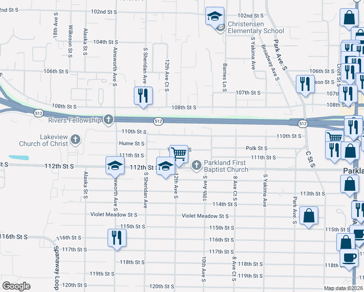 map of restaurants, bars, coffee shops, grocery stores, and more near 1105 111th Street South in Tacoma