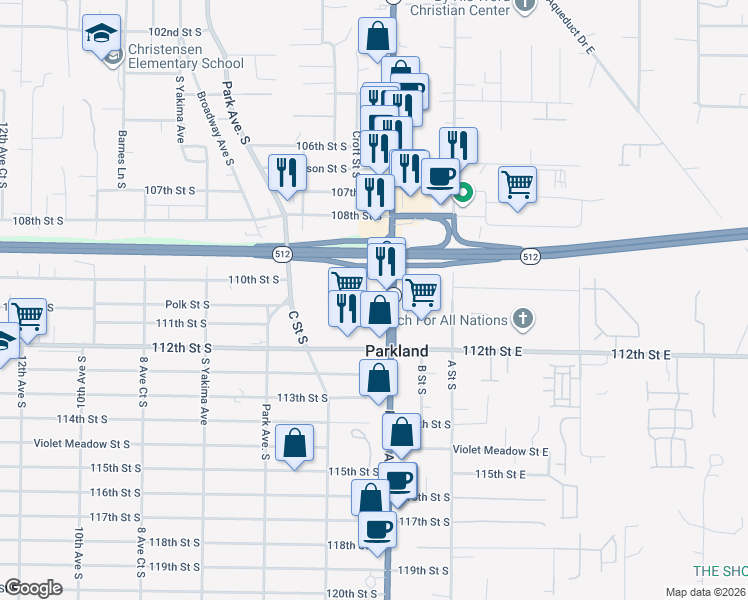 map of restaurants, bars, coffee shops, grocery stores, and more near 11012 Pacific Avenue South in Tacoma