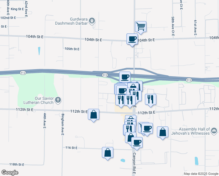 map of restaurants, bars, coffee shops, grocery stores, and more near 10901 50th Avenue East in Tacoma