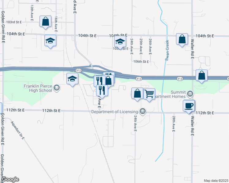 map of restaurants, bars, coffee shops, grocery stores, and more near 10919 22nd Avenue East in Tacoma