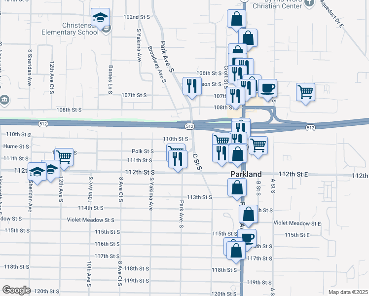 map of restaurants, bars, coffee shops, grocery stores, and more near 603 Polk Street South in Parkland