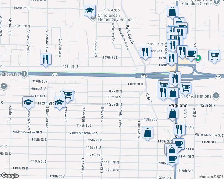 map of restaurants, bars, coffee shops, grocery stores, and more near 773 Polk Street South in Tacoma