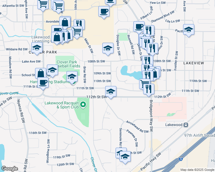 map of restaurants, bars, coffee shops, grocery stores, and more near 5609 111th Street Southwest in Lakewood