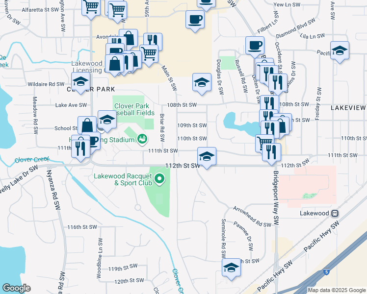 map of restaurants, bars, coffee shops, grocery stores, and more near 5715 111th Street Southwest in Lakewood