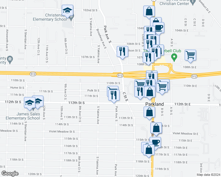map of restaurants, bars, coffee shops, grocery stores, and more near 623 Polk Street South in Tacoma