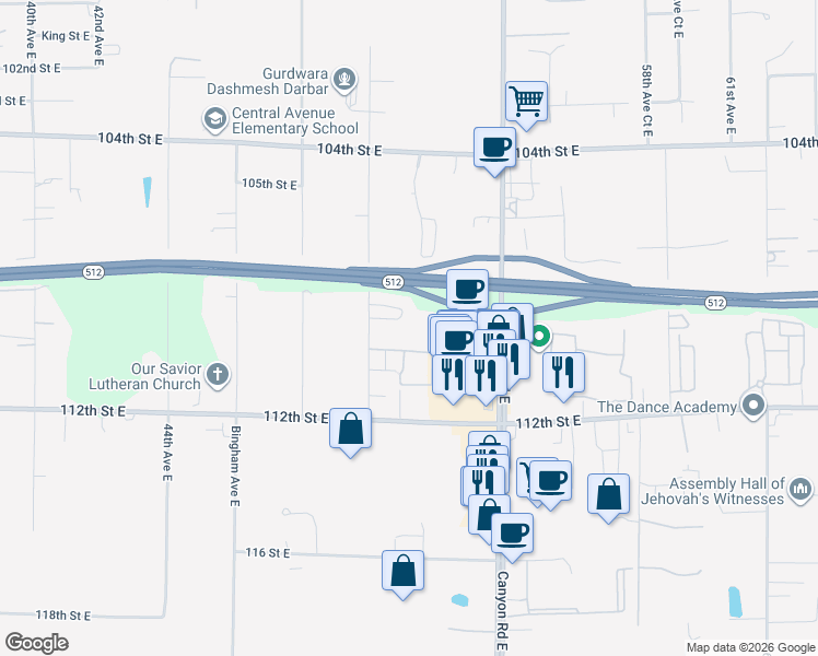 map of restaurants, bars, coffee shops, grocery stores, and more near 10901 50th Avenue East in Tacoma