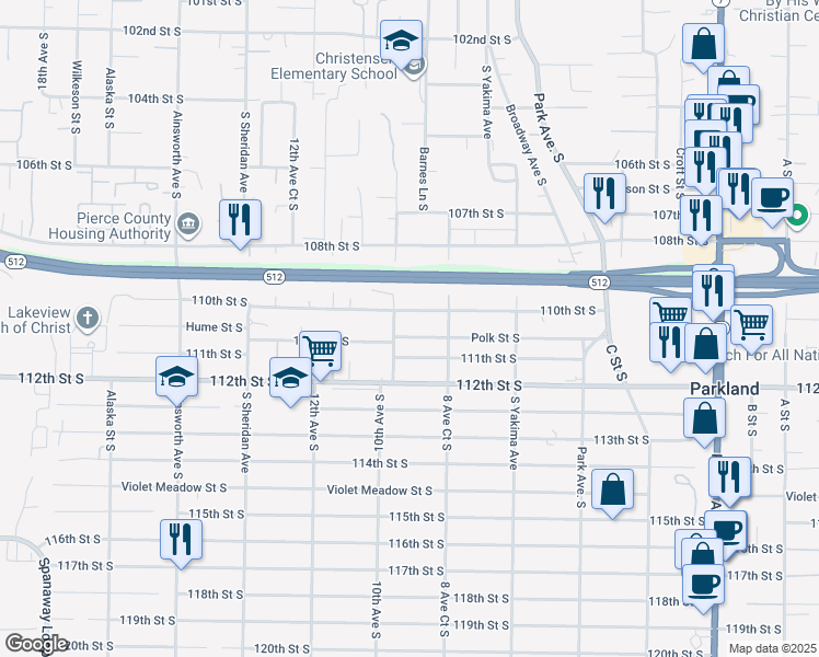 map of restaurants, bars, coffee shops, grocery stores, and more near 909 Polk Street South in Tacoma