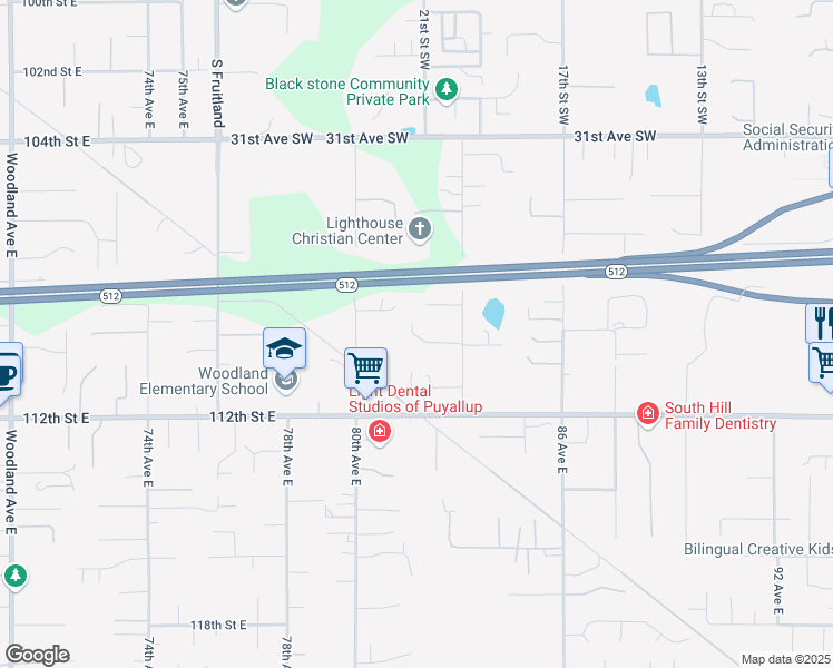 map of restaurants, bars, coffee shops, grocery stores, and more near 8123 110th Street East in Puyallup