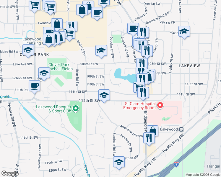 map of restaurants, bars, coffee shops, grocery stores, and more near 5415 111th Street Southwest in Tacoma