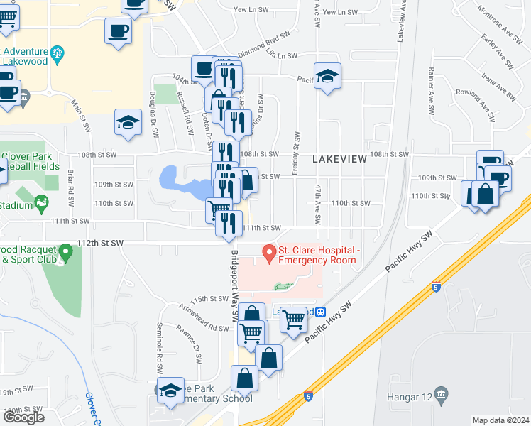map of restaurants, bars, coffee shops, grocery stores, and more near 11010 Addison Street Southwest in Tacoma