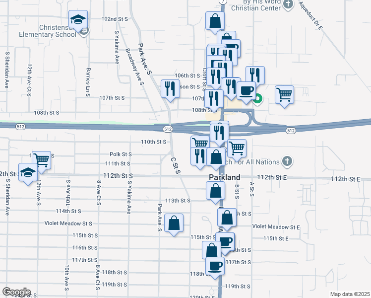 map of restaurants, bars, coffee shops, grocery stores, and more near 10925 Park Avenue South in Tacoma