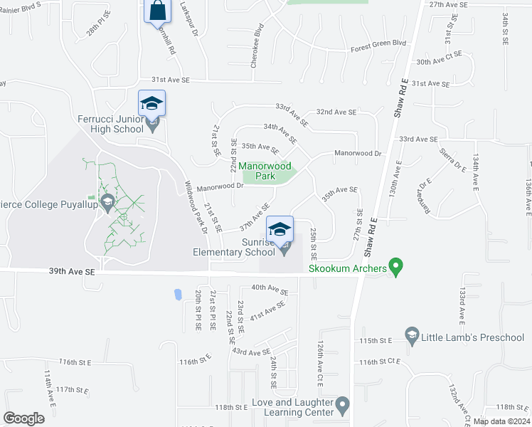 map of restaurants, bars, coffee shops, grocery stores, and more near 2404 37th Avenue Southeast in Puyallup