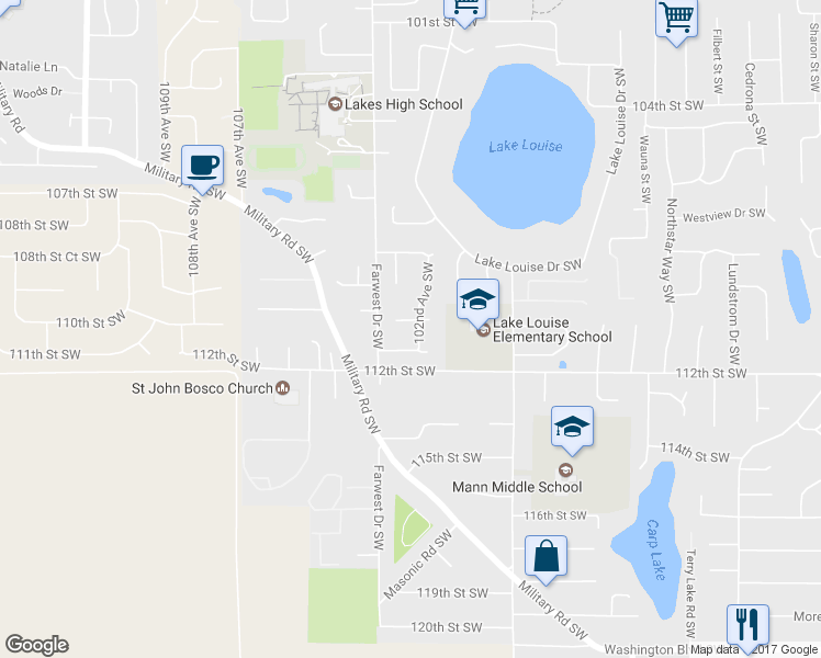 map of restaurants, bars, coffee shops, grocery stores, and more near 10202 110th Street Court Southwest in Lakewood