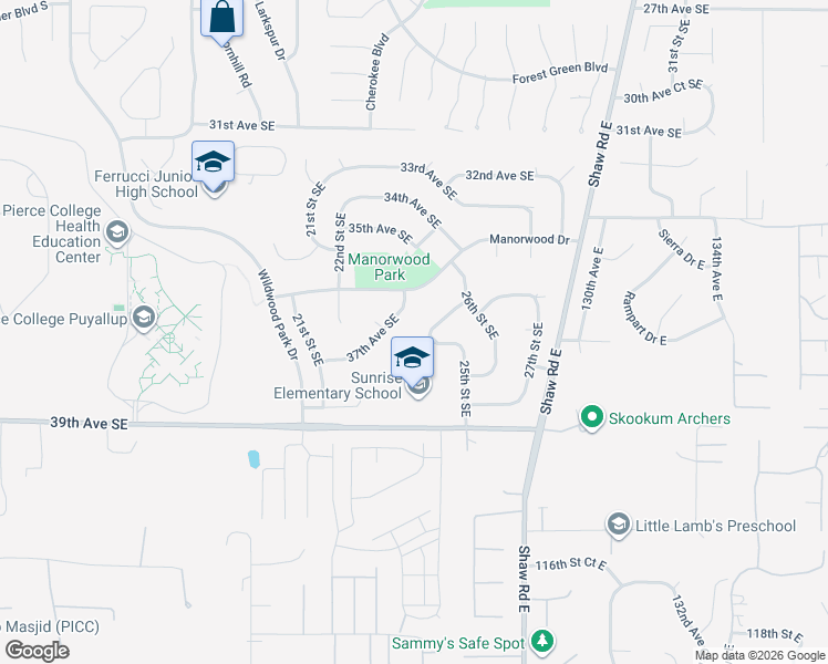 map of restaurants, bars, coffee shops, grocery stores, and more near 2404 37th Avenue Southeast in Puyallup