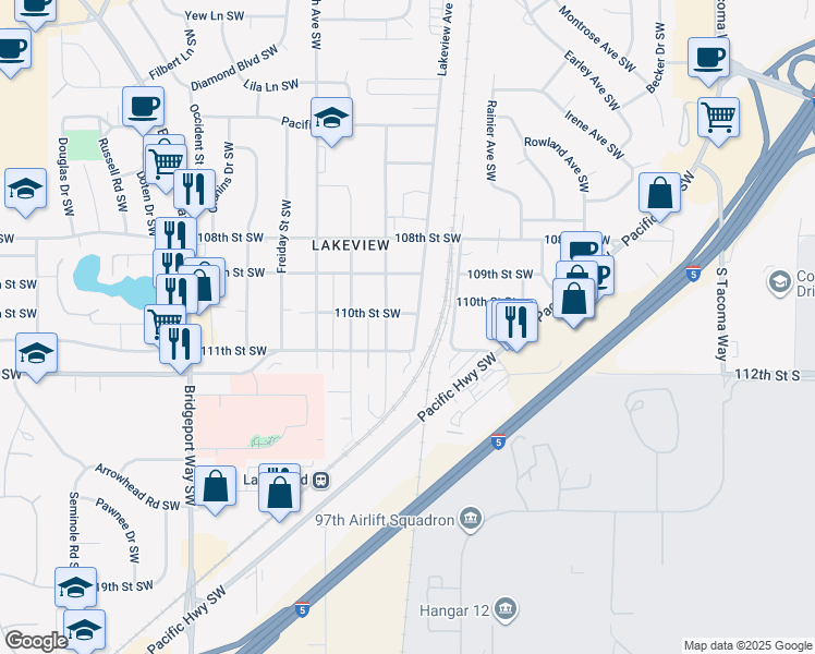 map of restaurants, bars, coffee shops, grocery stores, and more near 11010 Lakeview Avenue Southwest in Tacoma