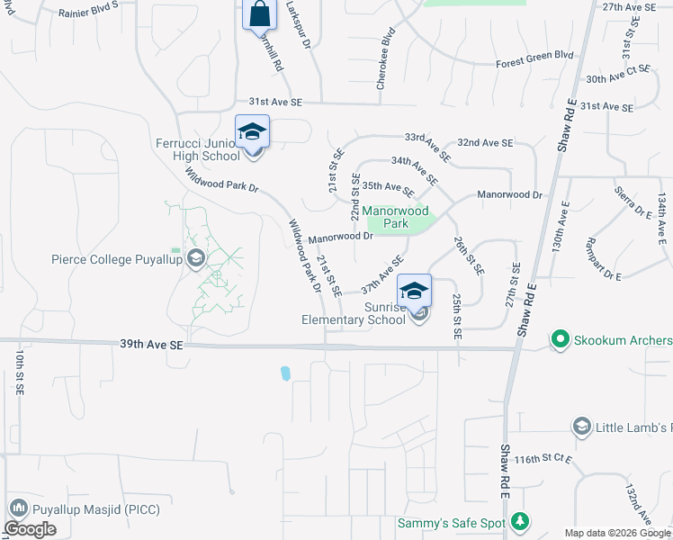 map of restaurants, bars, coffee shops, grocery stores, and more near 3609 21st Street Southeast in Puyallup