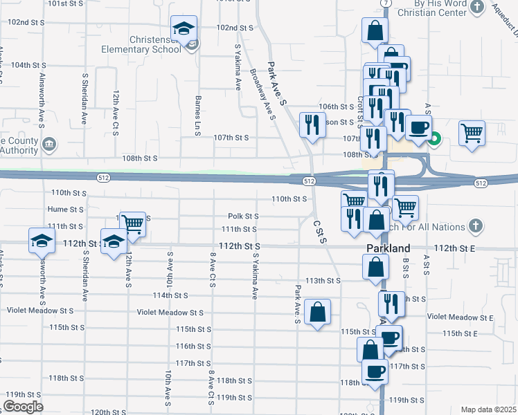 map of restaurants, bars, coffee shops, grocery stores, and more near 11015 Yakima Avenue South in Parkland