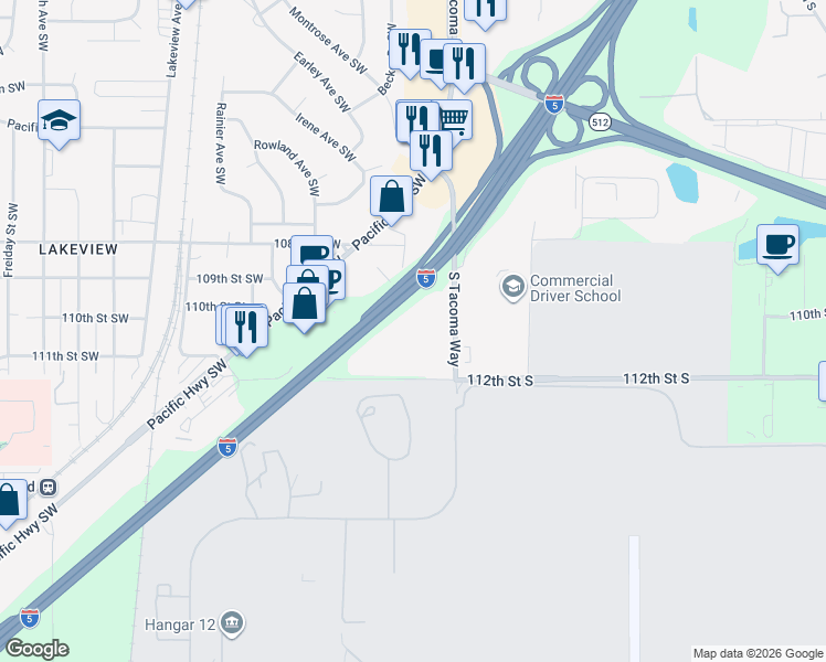 map of restaurants, bars, coffee shops, grocery stores, and more near 3615 112th Street Southwest in Lakewood