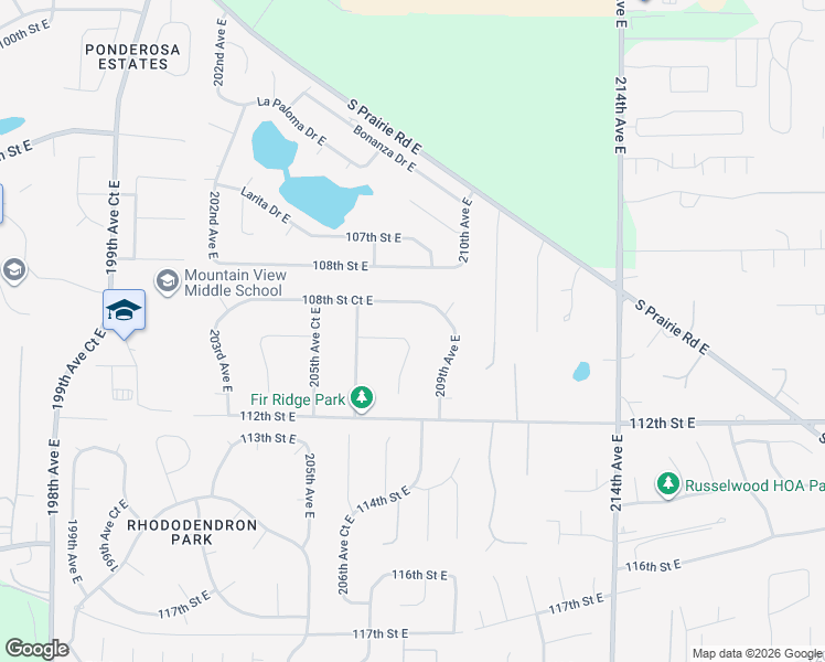 map of restaurants, bars, coffee shops, grocery stores, and more near 20725 109th Street Court East in Sumner