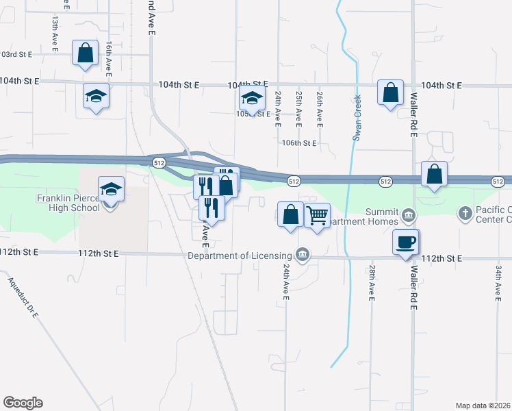 map of restaurants, bars, coffee shops, grocery stores, and more near 10904 23rd Avenue East in Tacoma