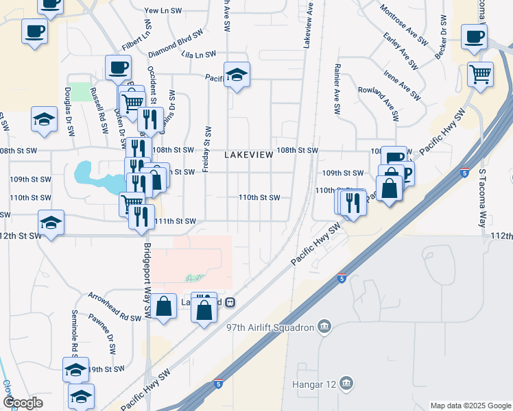 map of restaurants, bars, coffee shops, grocery stores, and more near 11013 Kendrick Street Southwest in Lakewood
