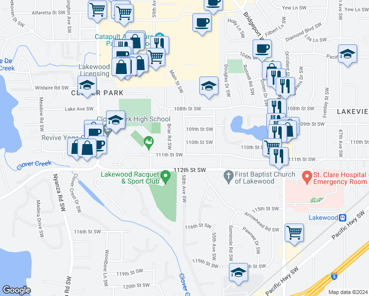 map of restaurants, bars, coffee shops, grocery stores, and more near 5715 111th Street Southwest in Lakewood