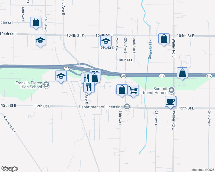 map of restaurants, bars, coffee shops, grocery stores, and more near 10904 23rd Avenue East in Tacoma