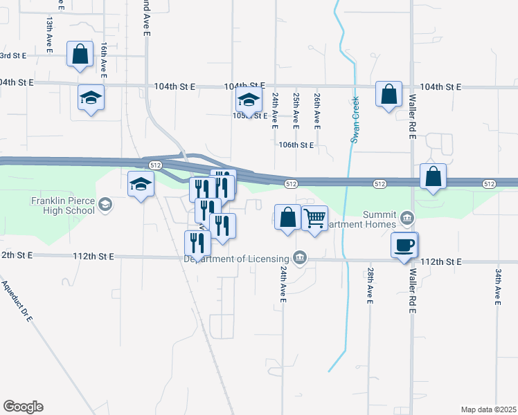 map of restaurants, bars, coffee shops, grocery stores, and more near 10904 23rd Avenue East in Tacoma