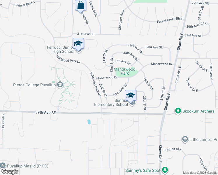 map of restaurants, bars, coffee shops, grocery stores, and more near 3609 21st Street Southeast in Puyallup