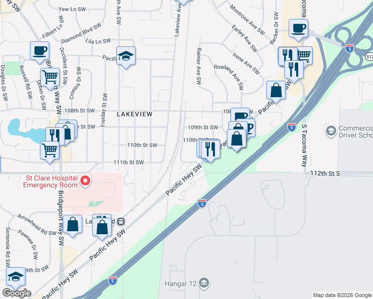 map of restaurants, bars, coffee shops, grocery stores, and more near 11030 Pacific Highway Southwest in Lakewood
