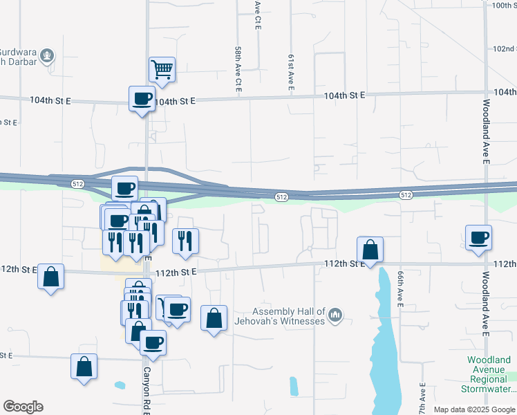 map of restaurants, bars, coffee shops, grocery stores, and more near 10825 59th Avenue East in Puyallup