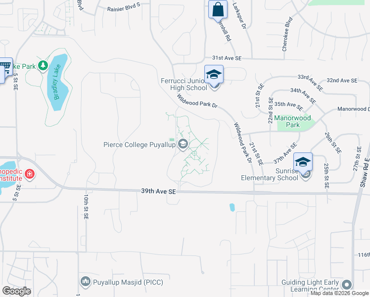 map of restaurants, bars, coffee shops, grocery stores, and more near 1601 39th Avenue Southeast in Puyallup