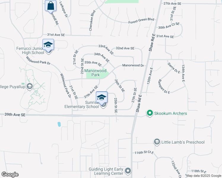 map of restaurants, bars, coffee shops, grocery stores, and more near 2408 35th Avenue Southeast in Puyallup