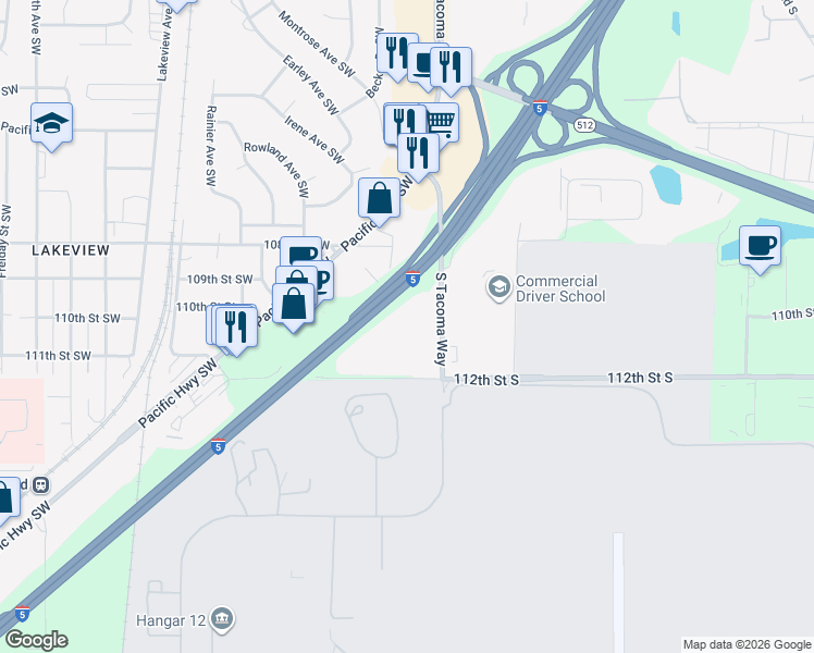 map of restaurants, bars, coffee shops, grocery stores, and more near 3615 112th Street Southwest in Lakewood