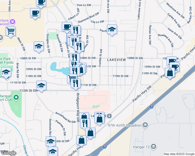 map of restaurants, bars, coffee shops, grocery stores, and more near 11021 Addison Street Southwest in Tacoma