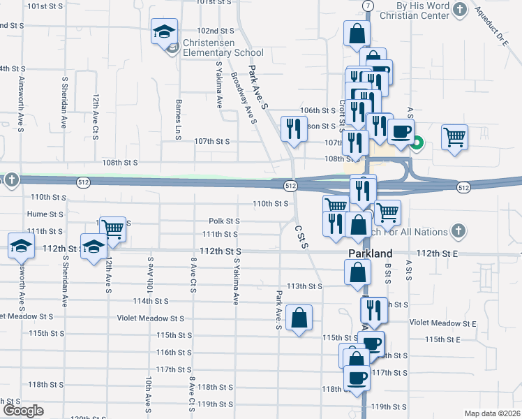 map of restaurants, bars, coffee shops, grocery stores, and more near 623 Polk Street South in Tacoma