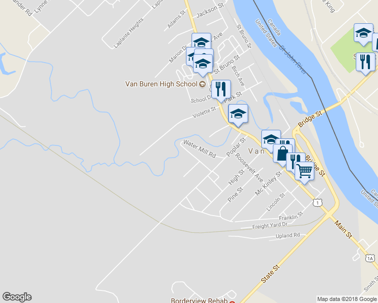 map of restaurants, bars, coffee shops, grocery stores, and more near 114 Center Street in Van Buren