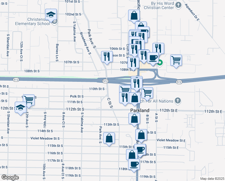 map of restaurants, bars, coffee shops, grocery stores, and more near 10925 Park Avenue South in Tacoma